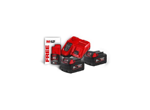 Batteripakke 18V 5Ah 2stk + Lader Milwaukee M18 NRG-502 