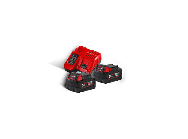 Batteripakke 18V 5Ah 2stk + Lader Milwaukee M18 NRG-502 