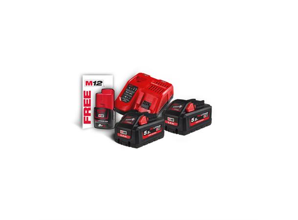 Batteripakke 18V 5,5Ah 2 stk + Lader Milwaukee M18 HNRG-552 
