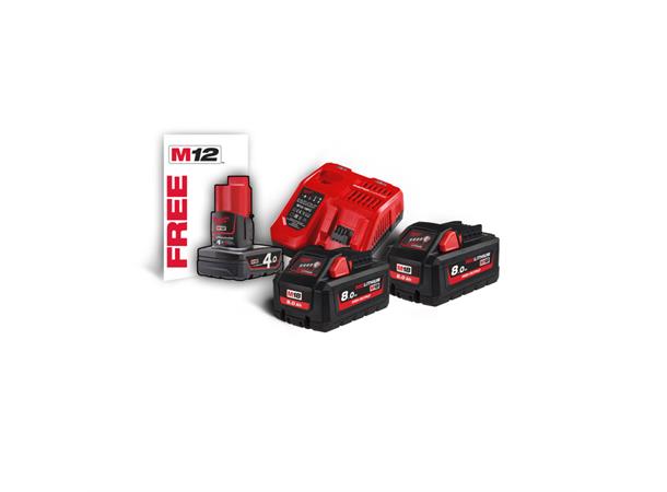 Batteriepakke 18V 8Ah 2stk + Lader Milwaukee M18 HNRG-802 
