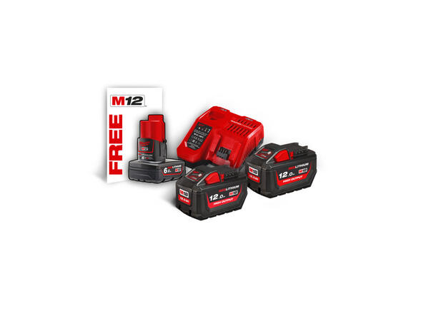 Batteripakke 18V 12Ah 2stk + Lader Milwaukee M18 HNRG-122 
