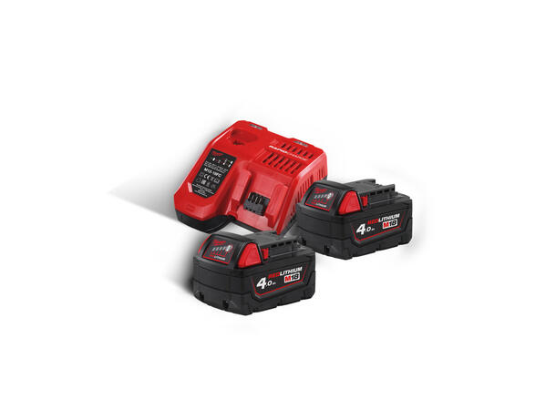 Batteripakke 18V 4Ah 2stk + Lader Milwaukee M18 NRG-402 