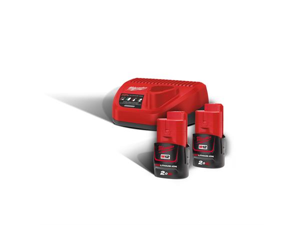Batteripakke 12V 2Ah 2stk + Lader Milwaukee M12 NRG-202 
