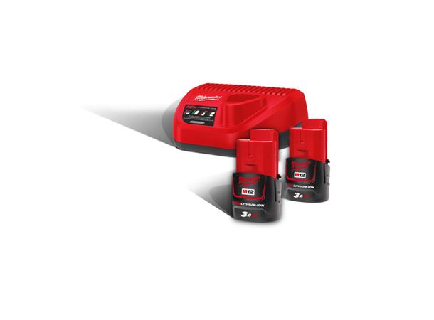 Batteripakke 12V 3Ah 2 stk + Lader Milwaukee M12 NRG-302 