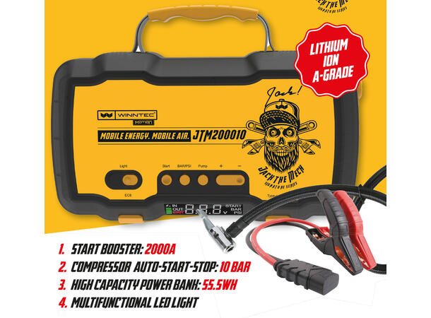 Startbooster 12V Multifunksjon m/Kompressor og led lys 