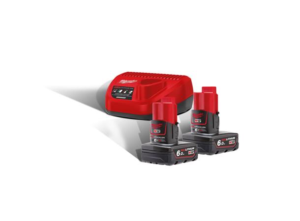 Batteripakke 12V 6Ah 2 stk +Lader Milwaukee M12 NRG-602 