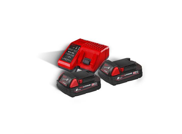 Batteripakke 18V 2Ah 2stk + Lader Milwaukee M18 NRG-202 